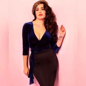 Vixen by Micheline Pitt Retro, Velvet, Midnight Blue Wrap Top, XL